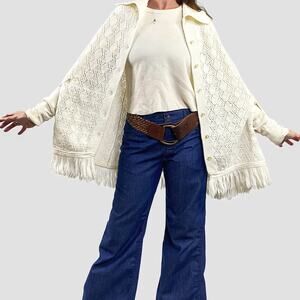 Vintage Neutral Cream Knit Sweater Fringe Poncho Cape Festival Cardigan